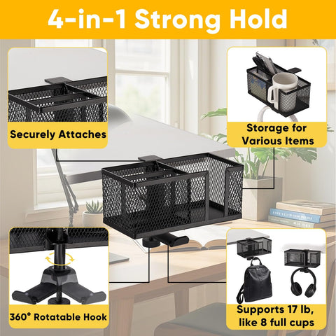 OrgaFocus clip-on cup holder on a desk arm with a secure clamp.