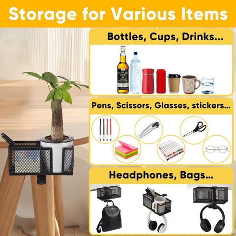 OrgaFocus desk cup holder with rotating hook for headphones or bags.