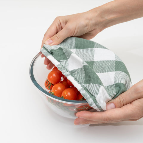 Organic Cotton Mart eco-friendly kitchen setup with sage green bowl covers.