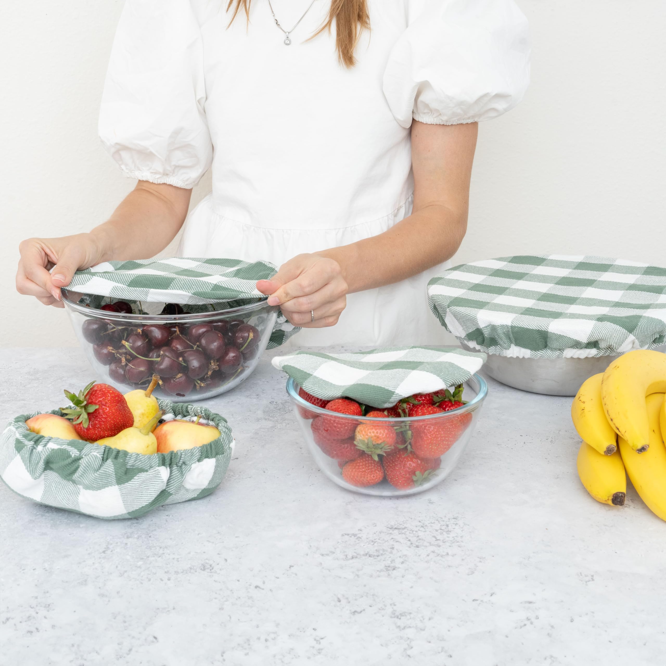 Organic Cotton Mart sage green bowl cover for 4.5-inch bowls, flexible fit.