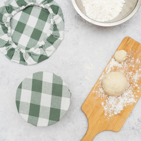 Organic Cotton Mart sage green bowl cover fits 8-inch bowls, keeps leftovers fresh.