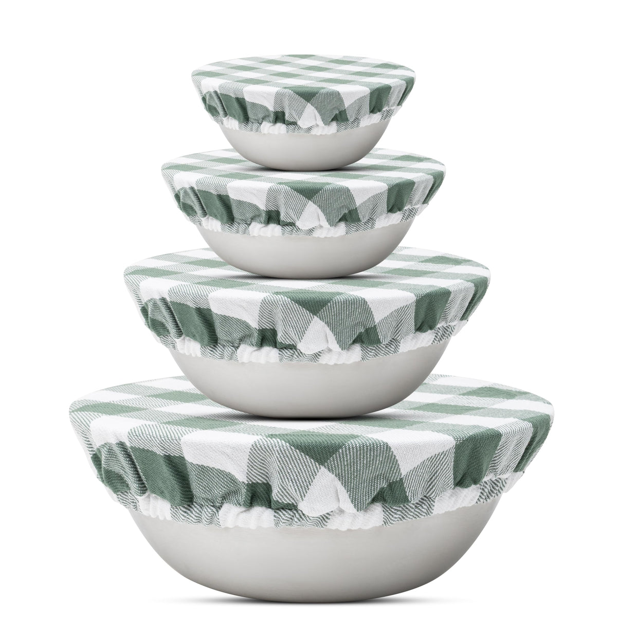 Organic Cotton Mart sage green bowl cover on a 9-inch bowl, protecting fresh produce.