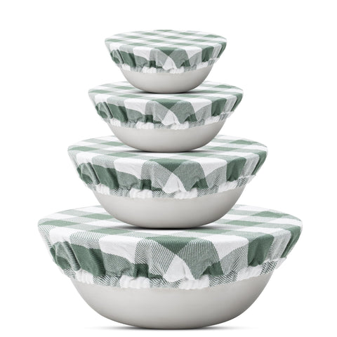 Organic Cotton Mart sage green bowl cover on a 9-inch bowl, protecting fresh produce.