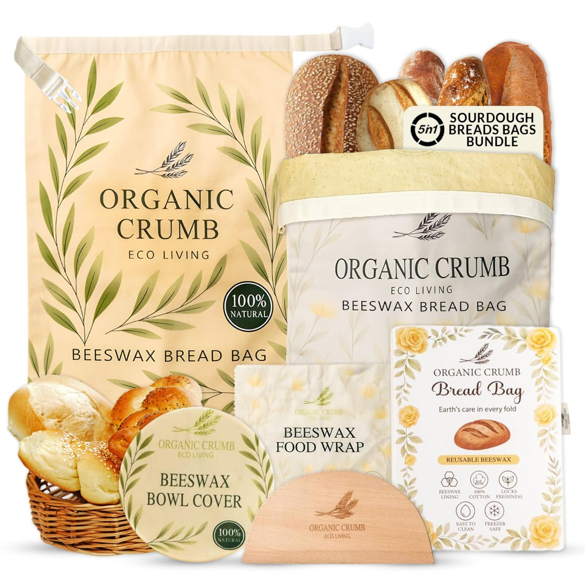 Organic Crumb two XL beeswax bread bag front view preserves crusty loaves