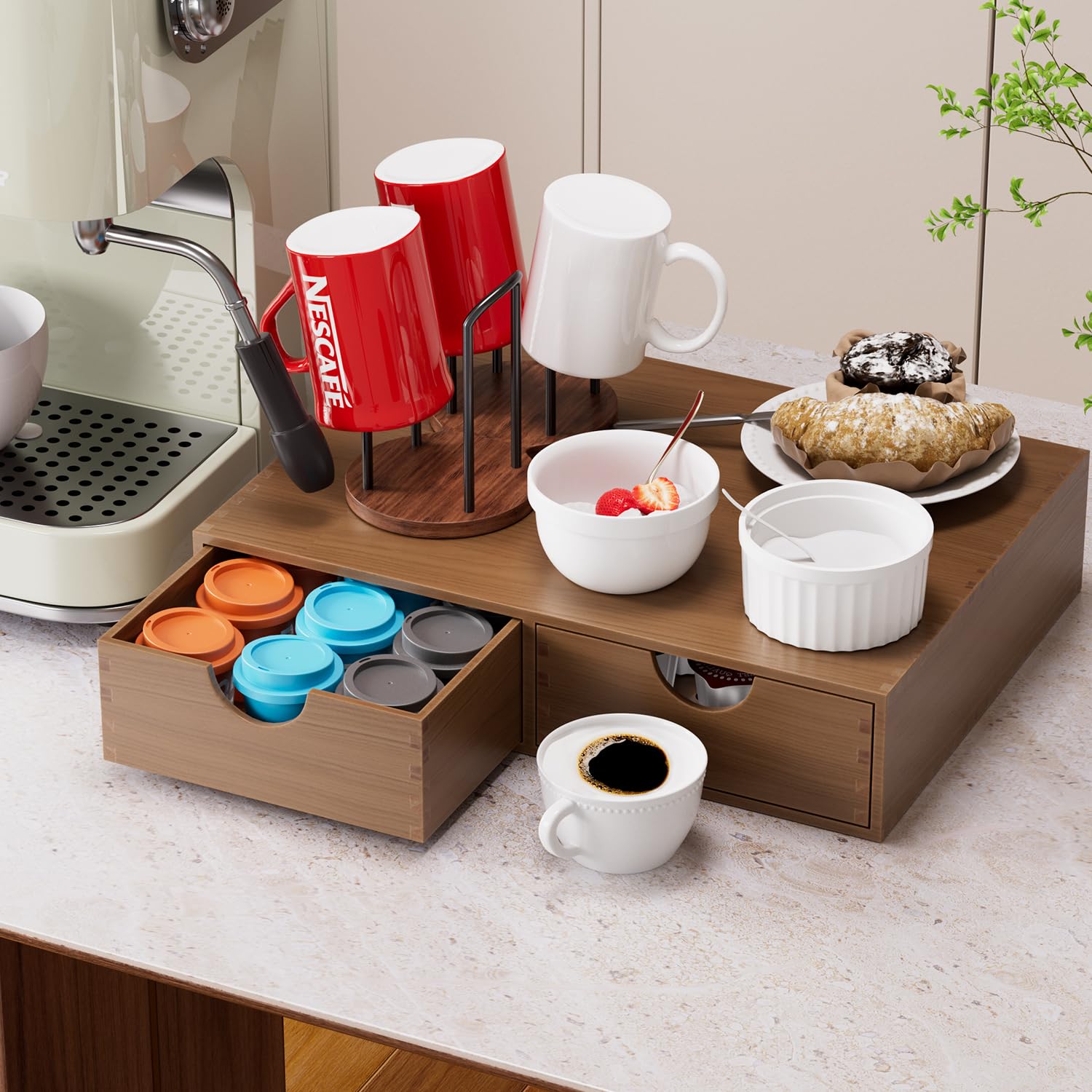 ORGMASTER K-Cup Holder drawer open shows smooth-glide action and accessible storage.