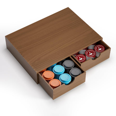 ORGMASTER Wooden K-Cup Holder front view with dual drawers for organized pods.