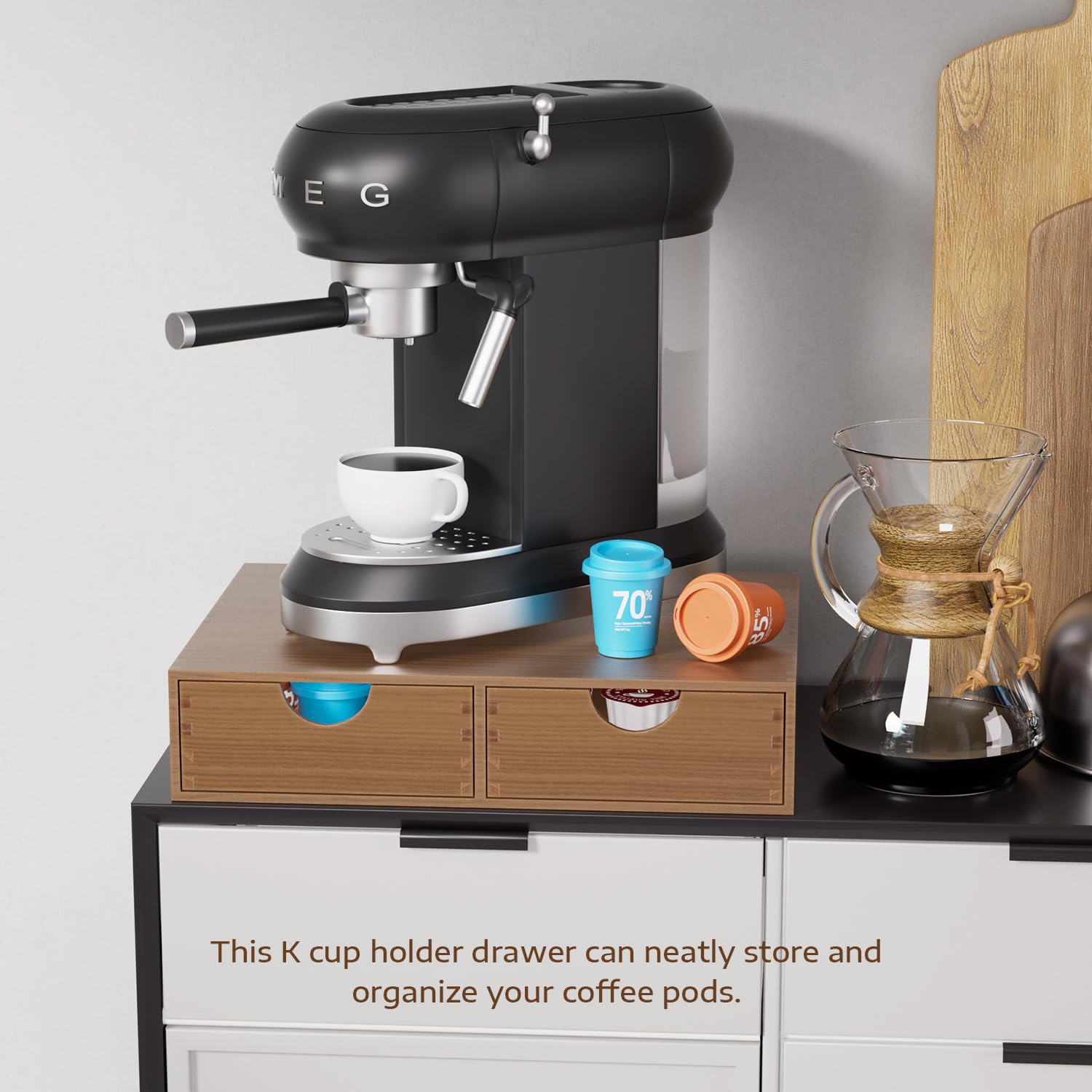 ORGMASTER Wooden K-Cup Holder smooth-sliding tray eases access and reduces clutter.