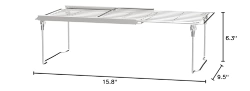 Orgneas expandable shelf maximizes cabinet organization and improves countertop efficiency.