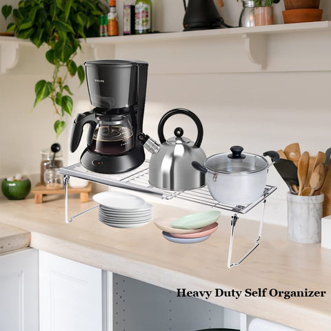 Orgneas expandable shelf ideal for pantry storage of bottles, jars, and containers.