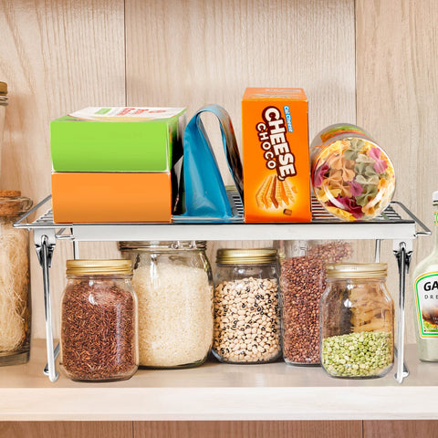 Orgneas expandable shelf keeps spice bottles neatly arranged and accessible.