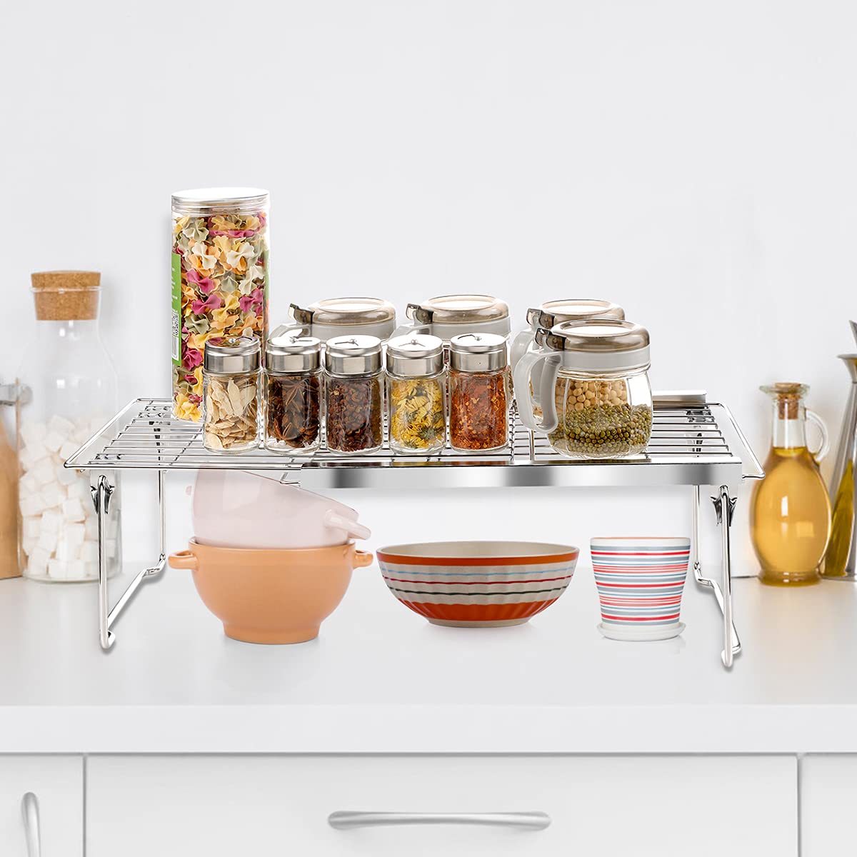 Orgneas expandable shelf's sturdy steel frame provides durable kitchen organization.