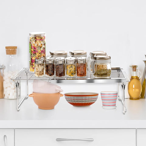 Orgneas expandable shelf's sturdy steel frame provides durable kitchen organization.