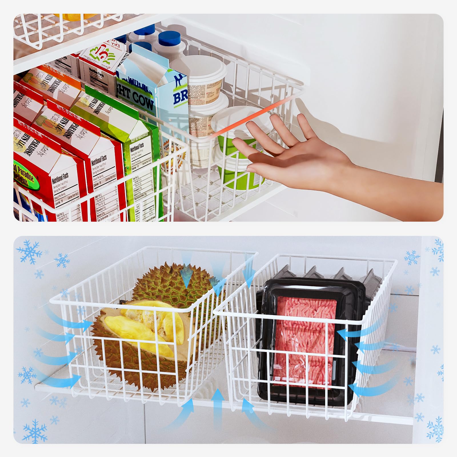 Orgneas freezer basket with handles demonstrates portable pull-out convenience.