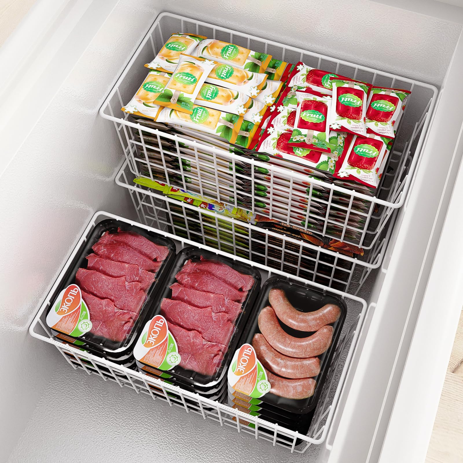 Orgneas freezer organizer medium basket side view for easy reach.