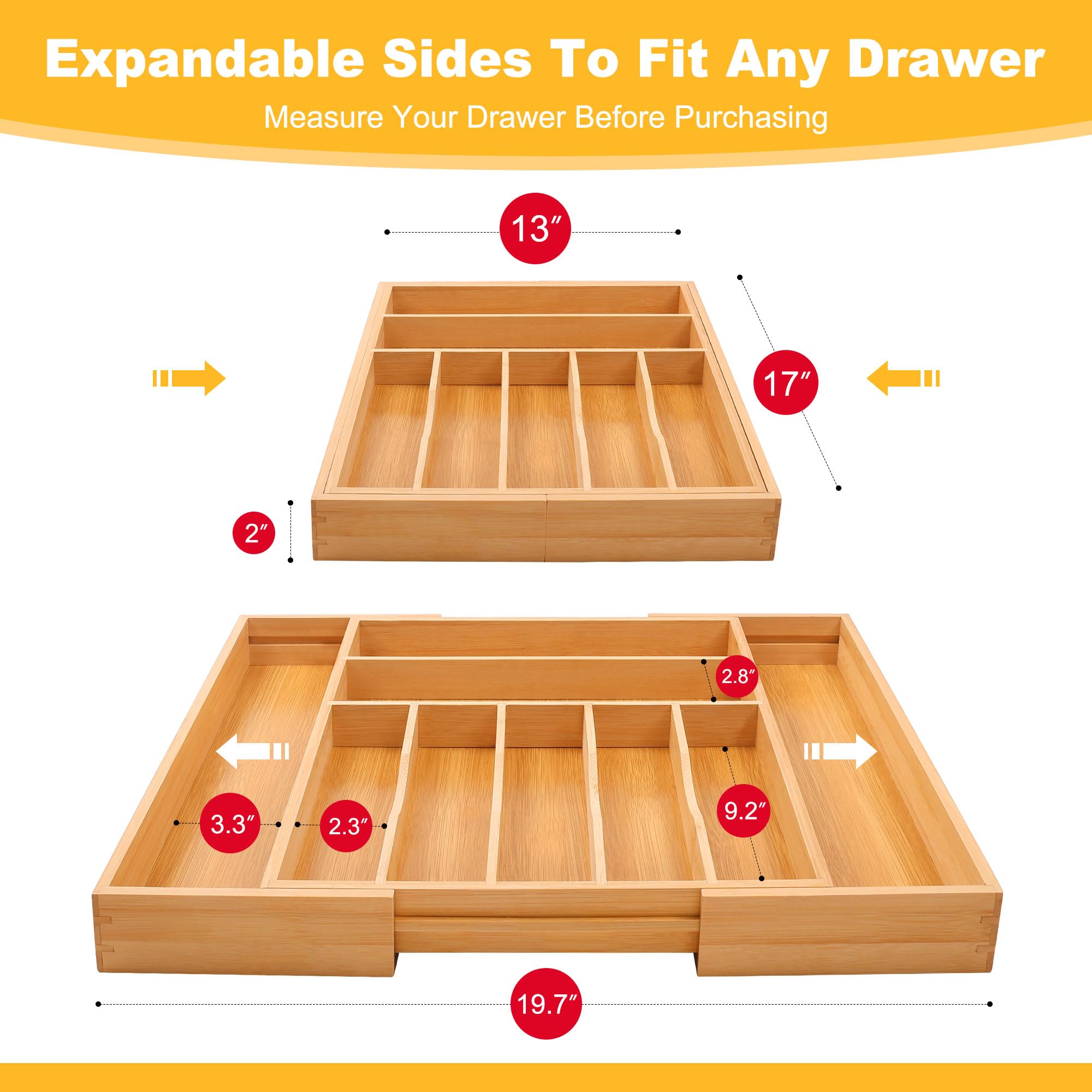 Oridom bamboo drawer organizer expanded to nine slots for easy utensil access.