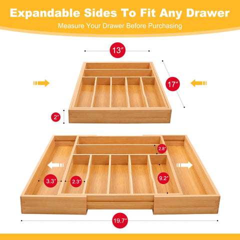 Oridom bamboo drawer organizer expanded to nine slots for easy utensil access.