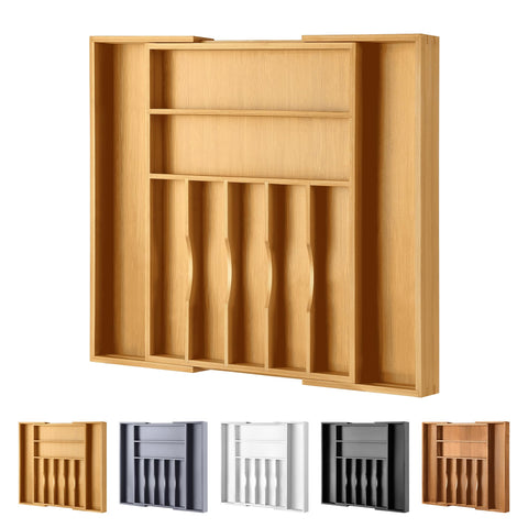 Oridom bamboo silverware organizer extended to fit larger drawers and more utensils.