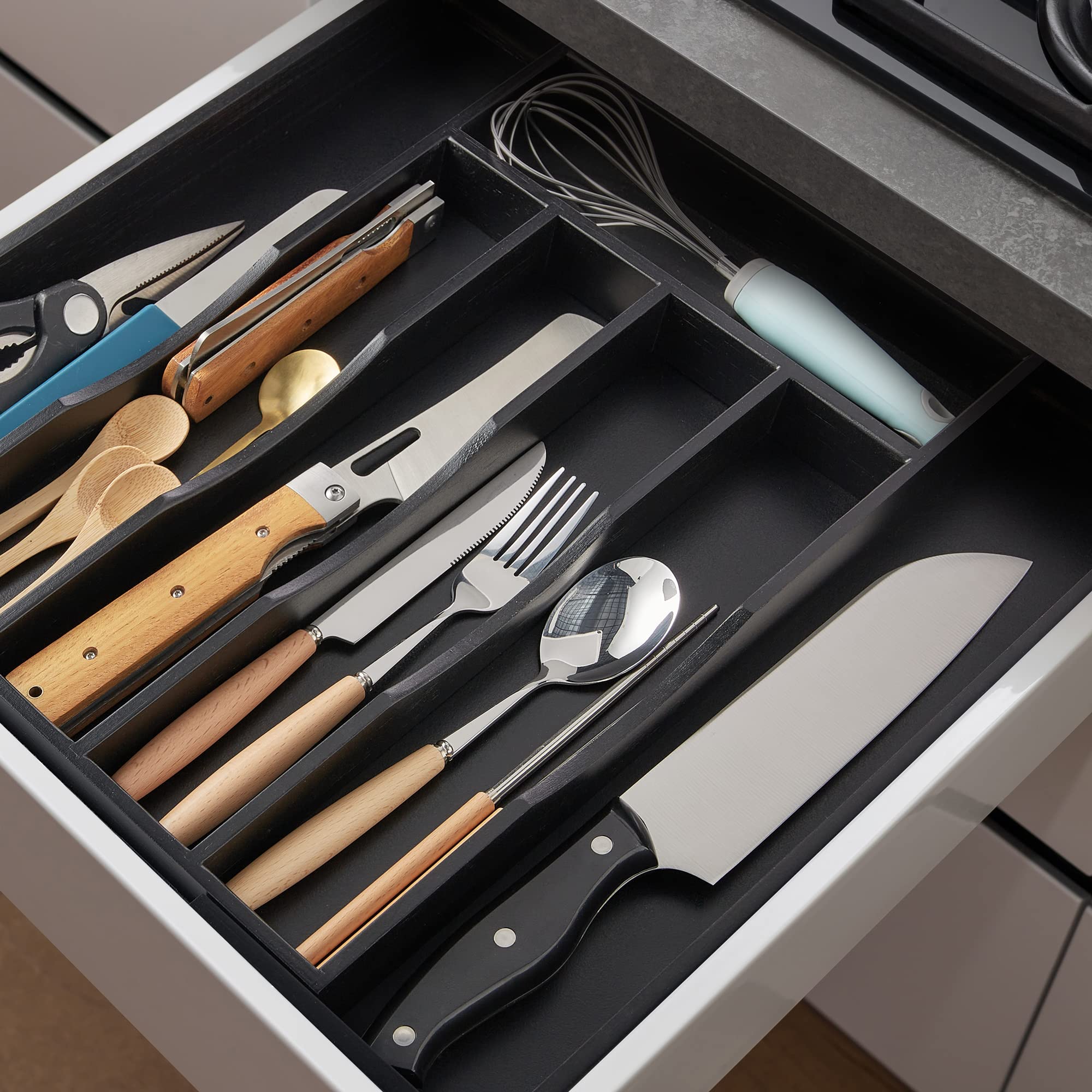 oridom bamboo tray with adjustable compartments keeps forks knives spoons neatly at hand