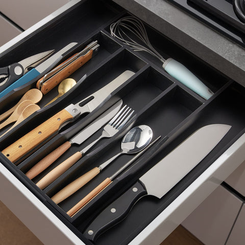 oridom bamboo tray with adjustable compartments keeps forks knives spoons neatly at hand