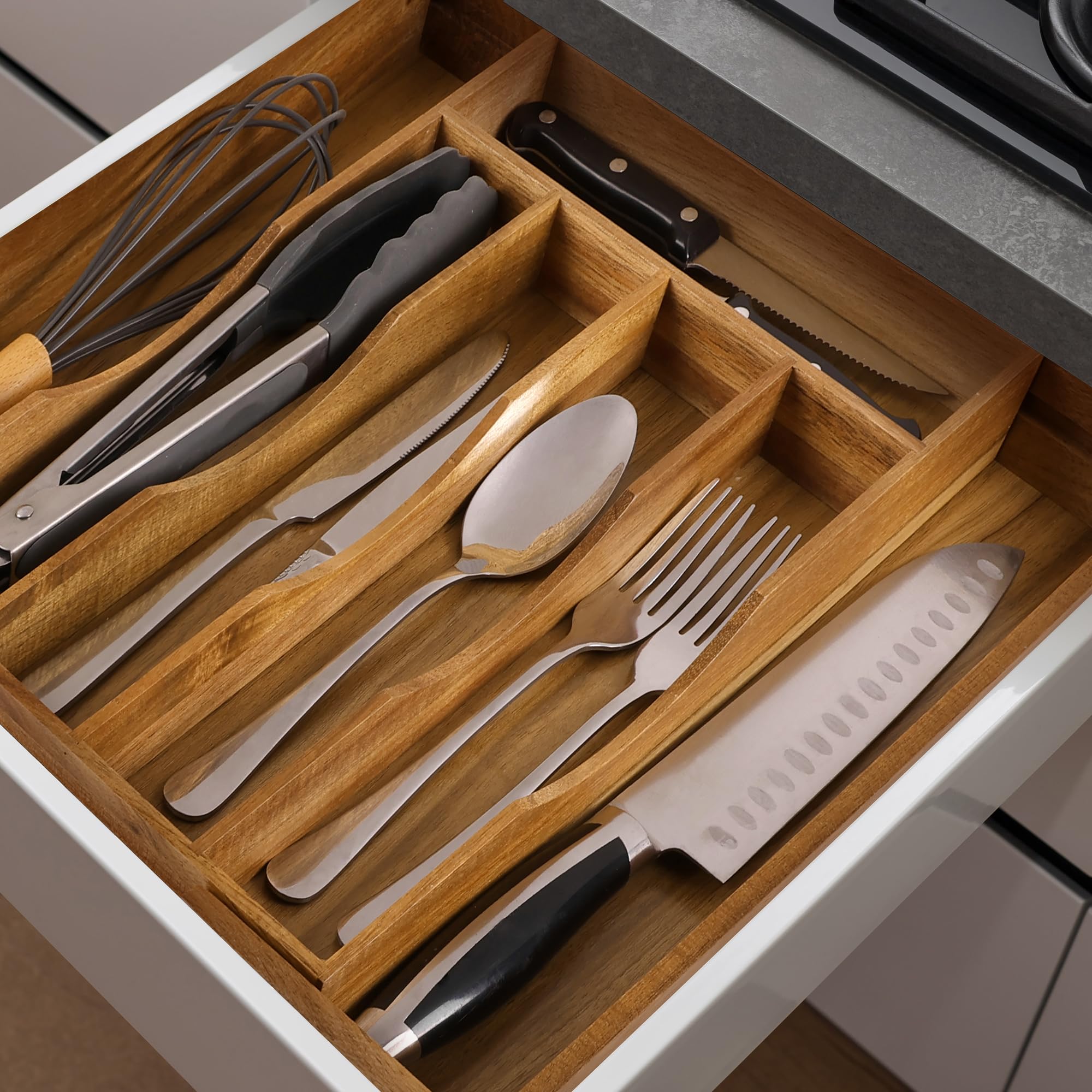 oridom expandable acacia drawer organizer smooth sliding design in action