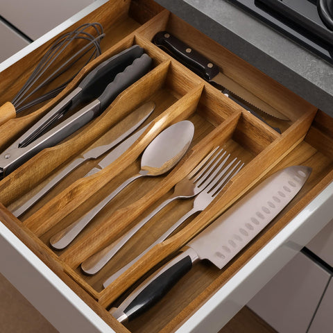 oridom expandable acacia drawer organizer smooth sliding design in action