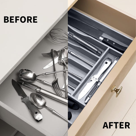 oridom Expandable Bamboo Drawer Organizer five to seven compartments shown.