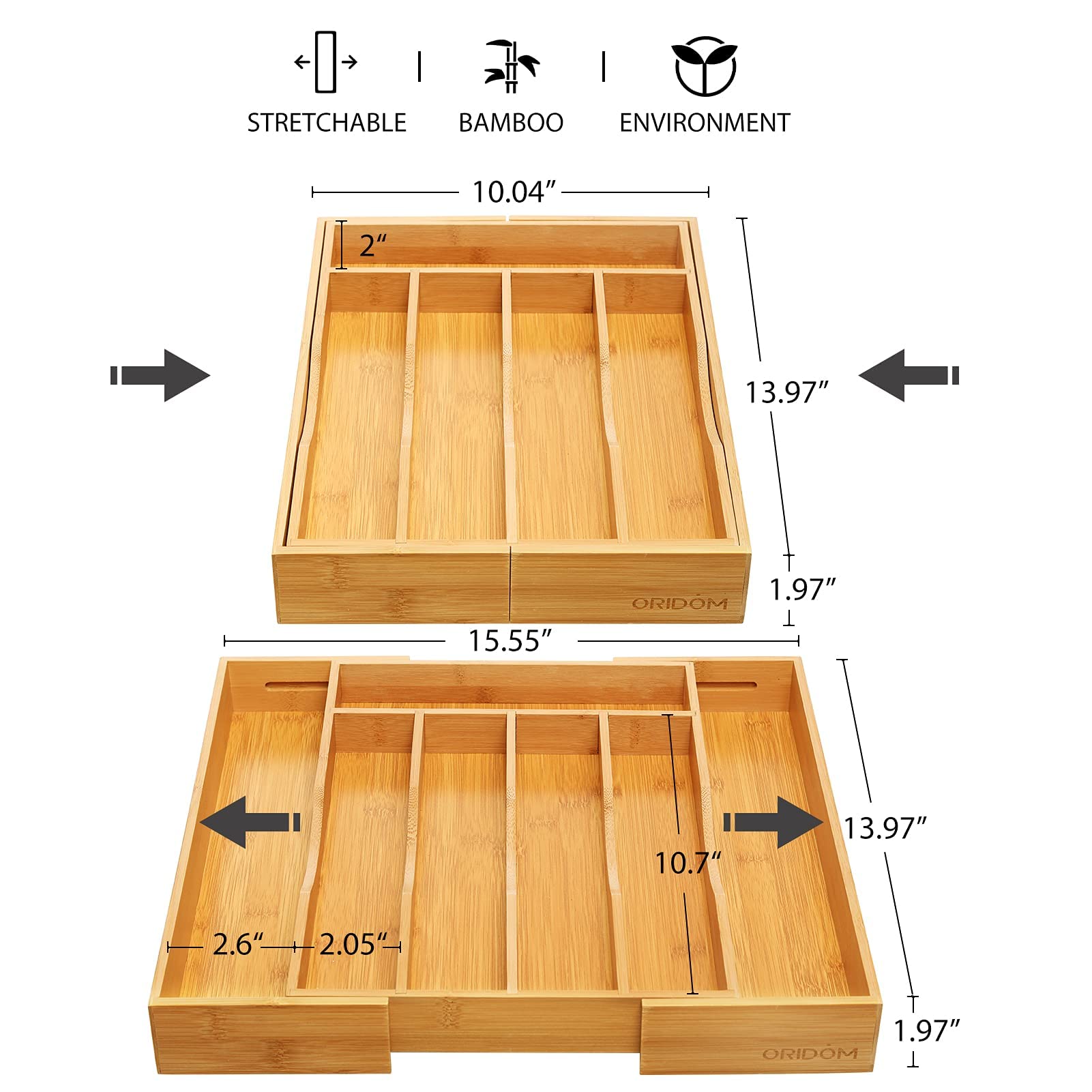 oridom expandable bamboo drawer organizer adjusted width demonstrates flexible drawer fit