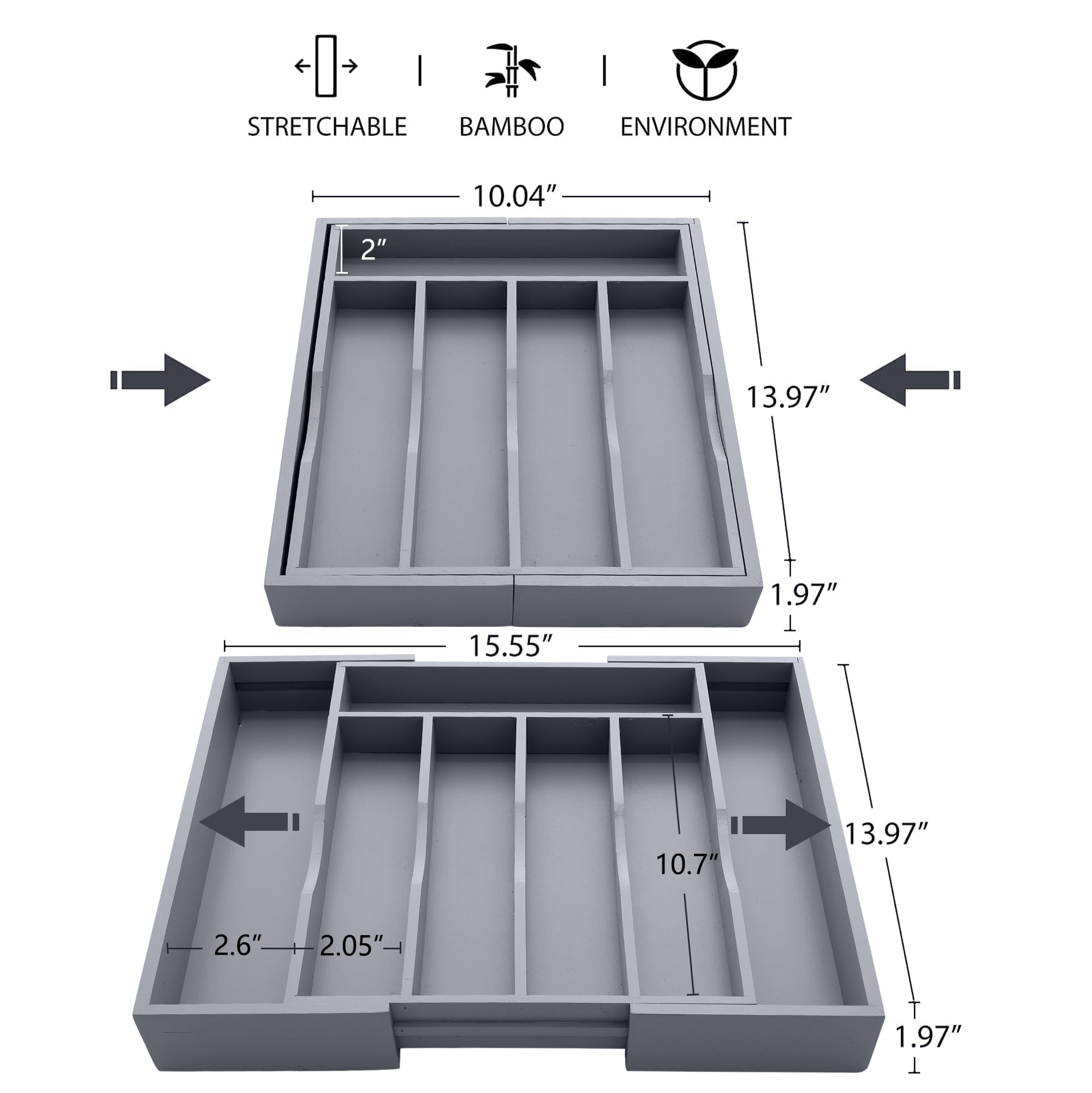 oridom Expandable Bamboo Drawer Organizer grey interior with utensils neatly arranged.