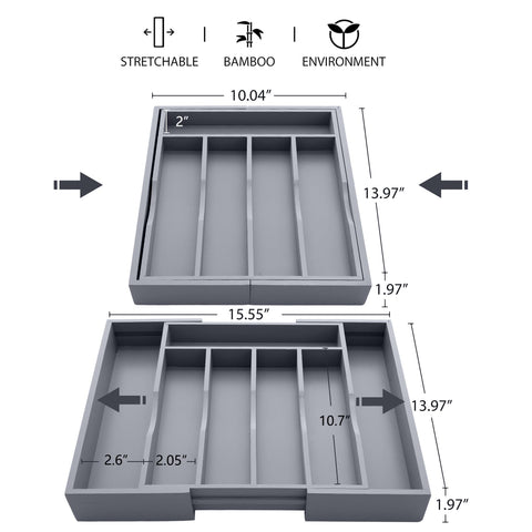 oridom Expandable Bamboo Drawer Organizer grey interior with utensils neatly arranged.