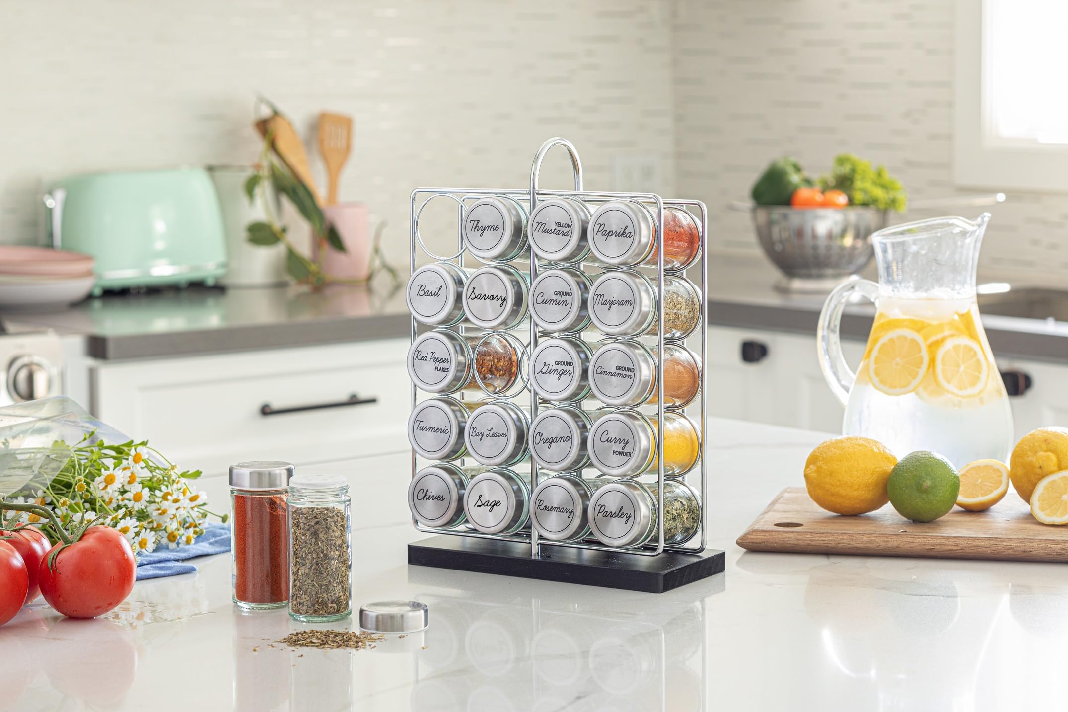 Orii countertop spice rack on a tidy kitchen counter for easy access.