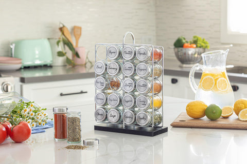 Orii countertop spice rack on a tidy kitchen counter for easy access.