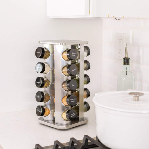Orii stainless steel spice tower adds sleek kitchen storage.