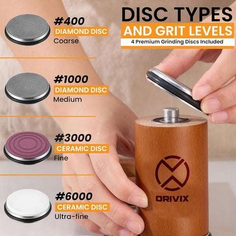 Orivix sharpener includes diamond and ceramic discs for reshaping and honing blades.