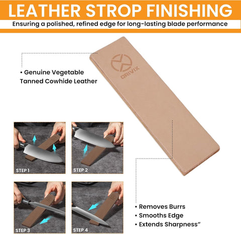 Orivix vegetable-tanned cowhide leather strop delivers a mirror-polish edge.