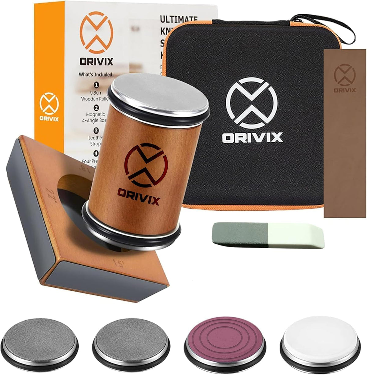 Orivix Rolling Knife Sharpener Kit with extended wooden roller for comfortable, controlled sharpening.