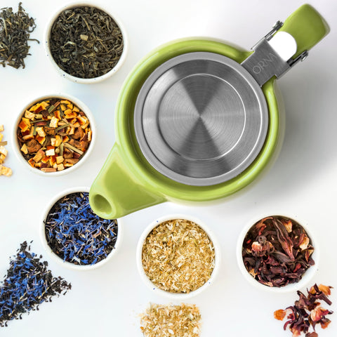 ORNA teapot lime dishwasher-safe note for easy cleanup.