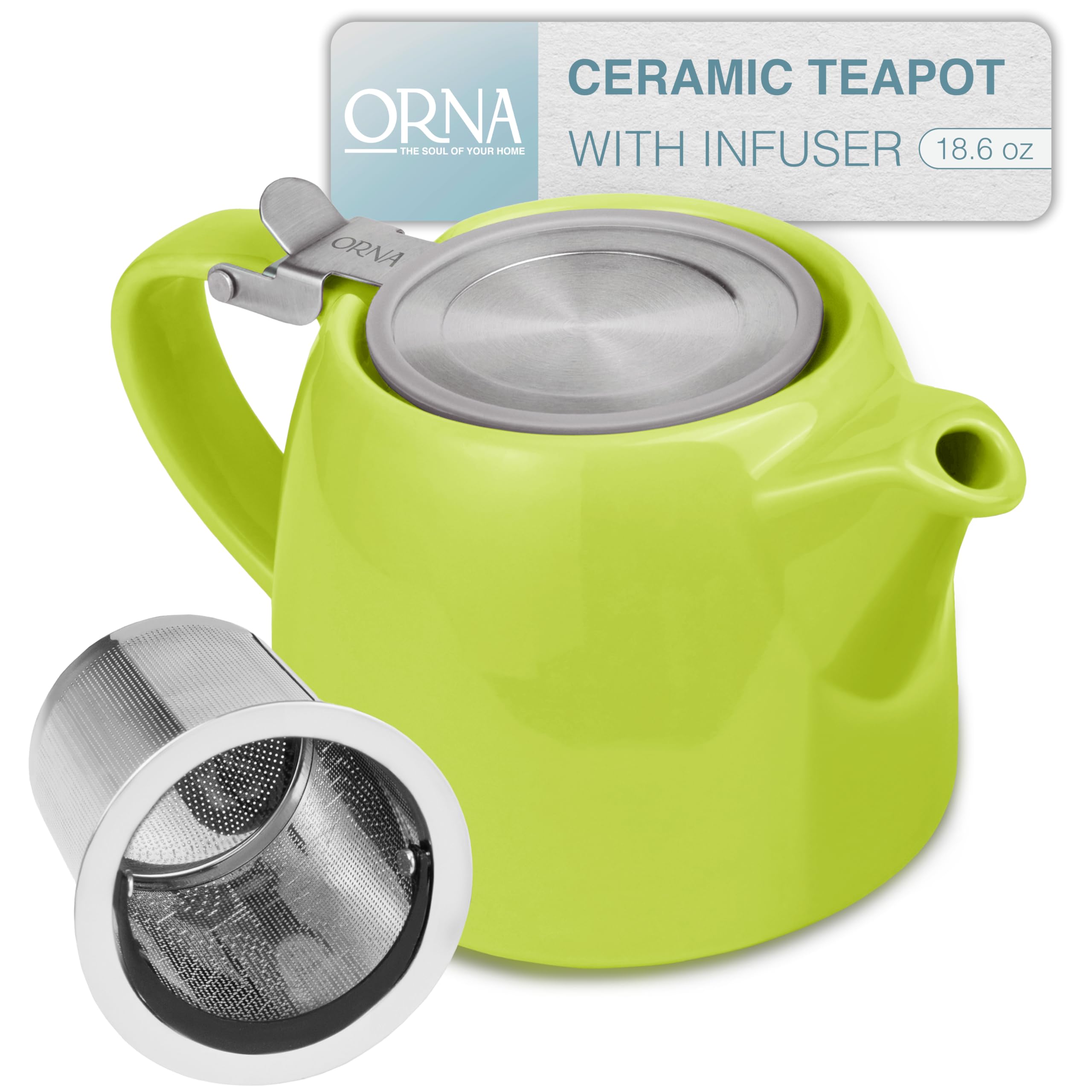 ORNA teapot lime front view for two cups of loose leaf tea.