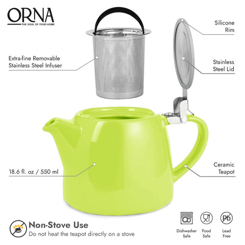ORNA teapot lime side view highlighting cool-touch handle.