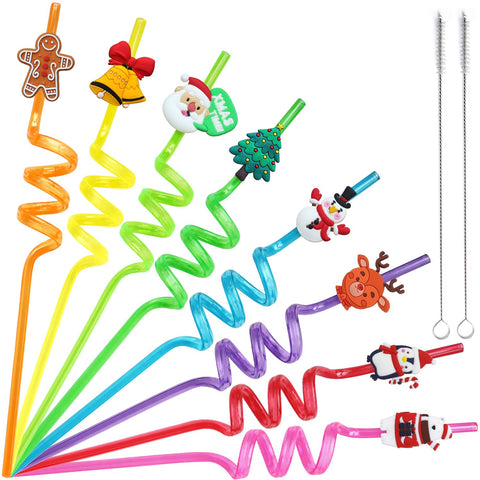 ORNACELE Christmas straws set with colorful toppers for festive drinks.