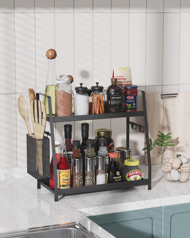 OROPY 2-tier spice rack front view shows spacious shelves for jars.