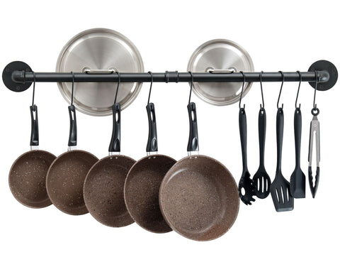 OROPY 38-inch wall mounted pot bar rack keeps pans organized and within reach.