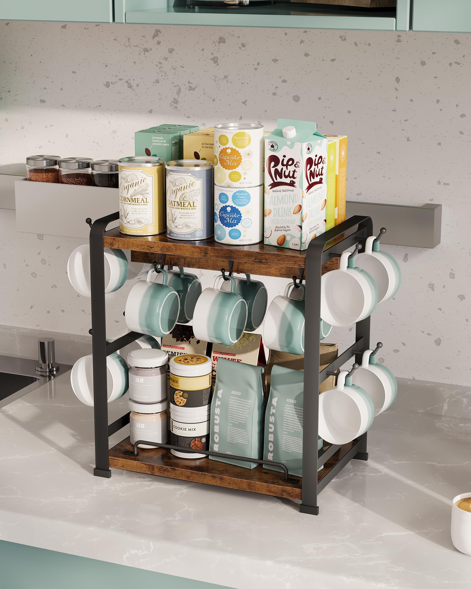 OROPY mug display on a countertop, showcasing organized coffee essentials at a glance.