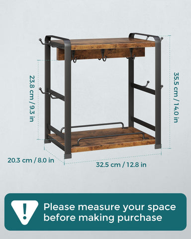 Close-up of OROPY organizer showing shelves and hooks for mugs and syrups.