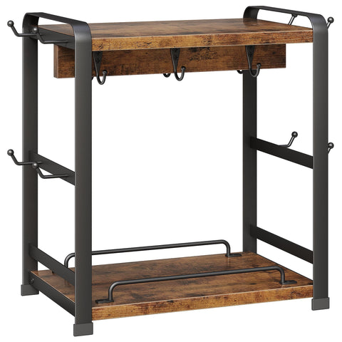 OROPY wooden coffee bar organizer with two-tier shelves and 14 mug hooks keeps mugs within reach.