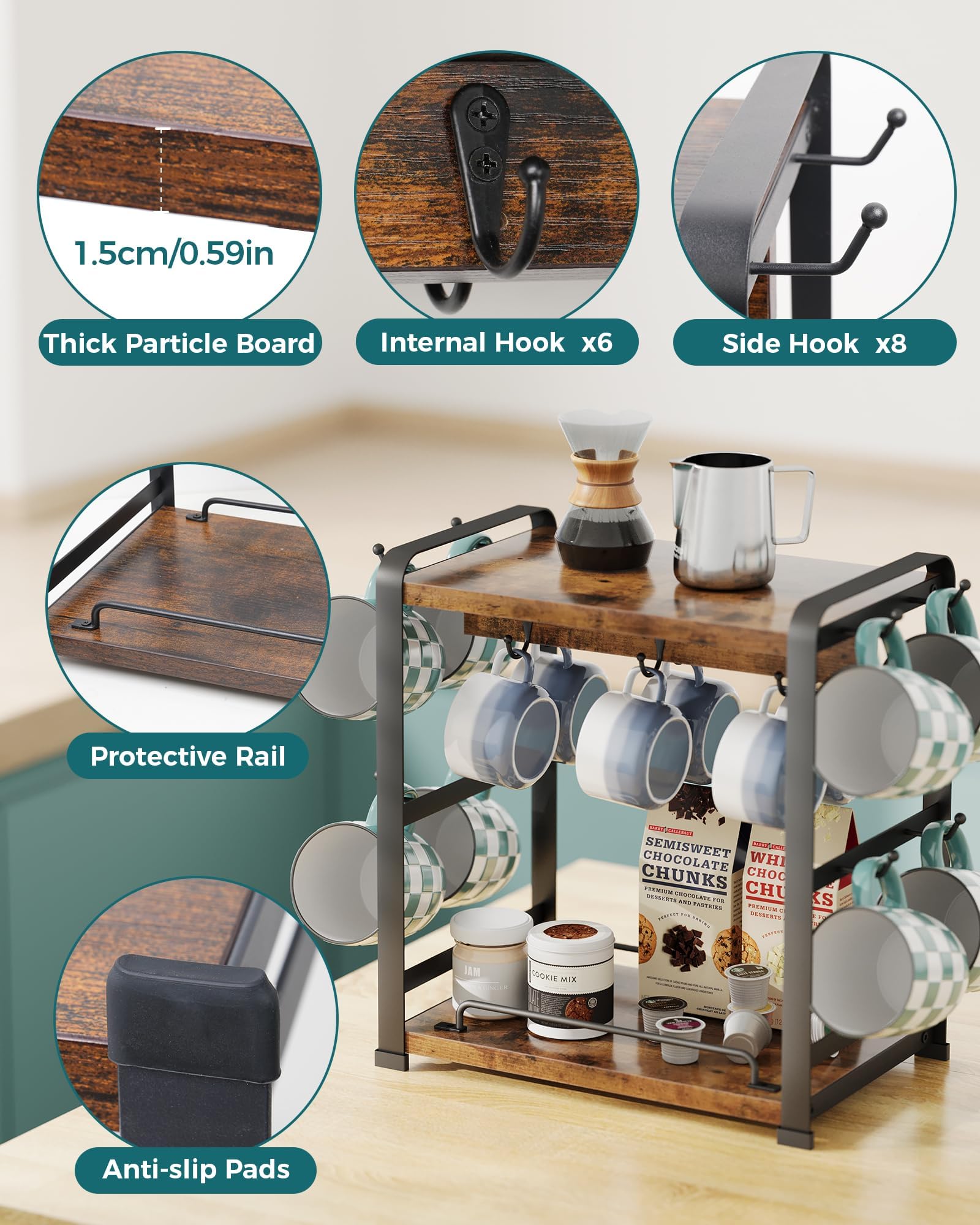 OROPY coffee bar organizer stores mugs, syrups, and accessories neatly on shelves.