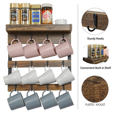 OROPY heavy-duty metal hooks keep mugs secure on the wall rack.