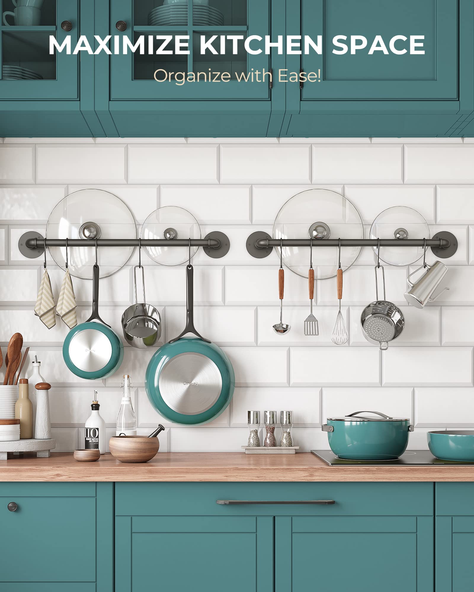 OROPY industrial pipe rail closeup showing matte black finish and sturdy hooks