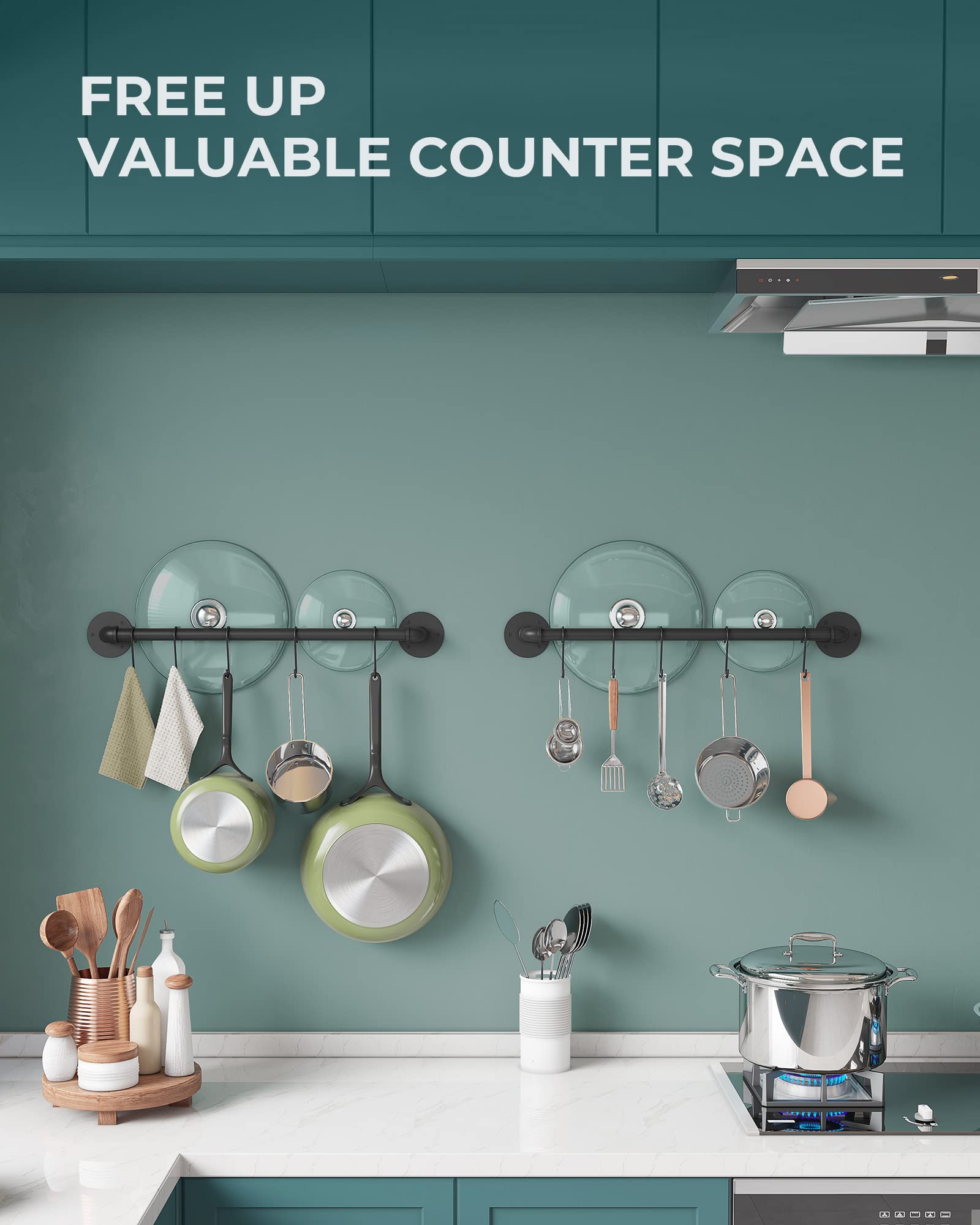 OROPY pots and pans neatly organized on wall rack for easy access