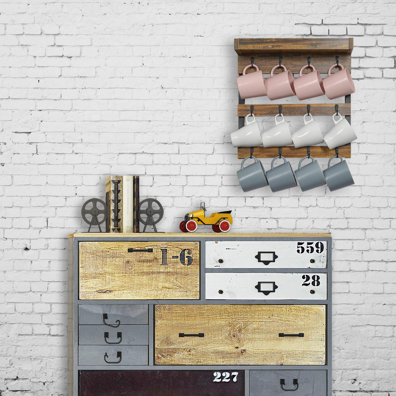 OROPY rustic MDF mug holder adds warm farmhouse charm while organizing mugs.