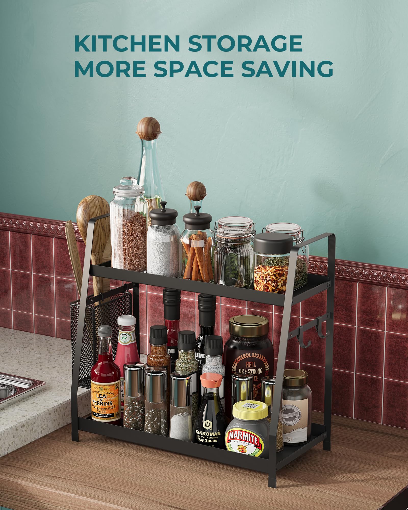 OROPY spice bottles arranged on the rack for easy access while cooking.